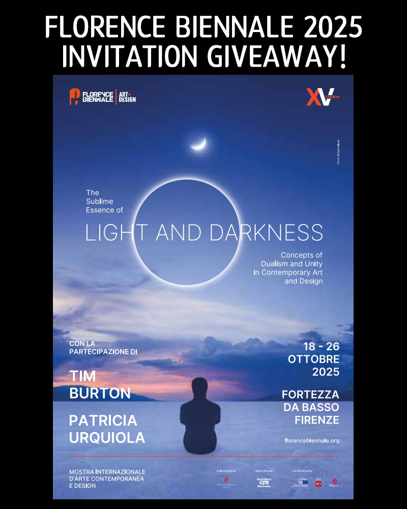 Official poster for the XV Florence Biennale 2025, themed "The Sublime Essence of Light and Darkness: Concepts of Dualism and Unity in Contemporary Art," held at Fortezza da Basso, Florence, Italy.
