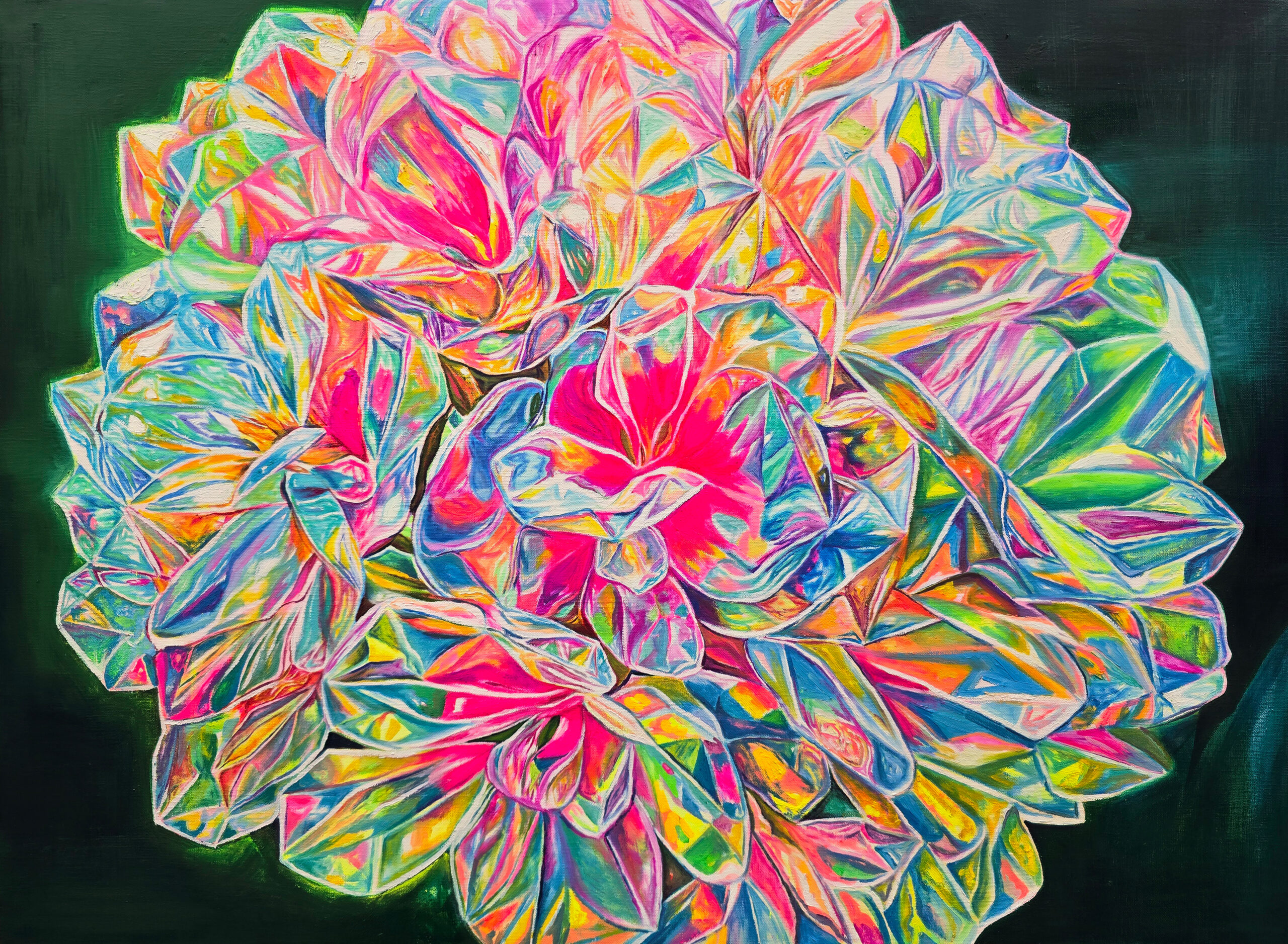 I See You IV by Jennifer Lee, Crystal Flower series, oil and UV-reactive pigments on canvas, 2025