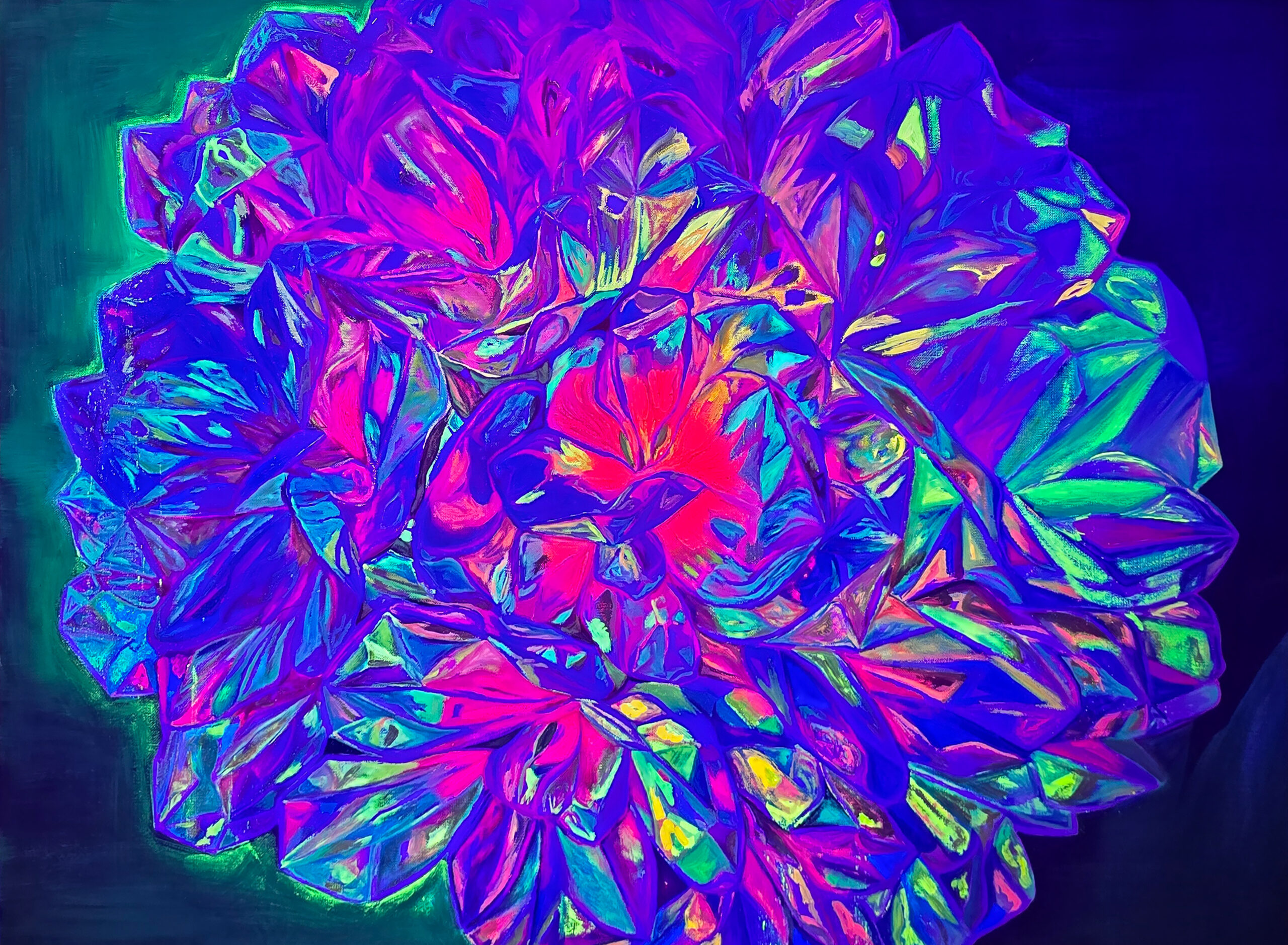UV-reactive view of Jennifer Lee's *I See You IV*, revealing hidden layers and luminous colors that emerge under ultraviolet light.