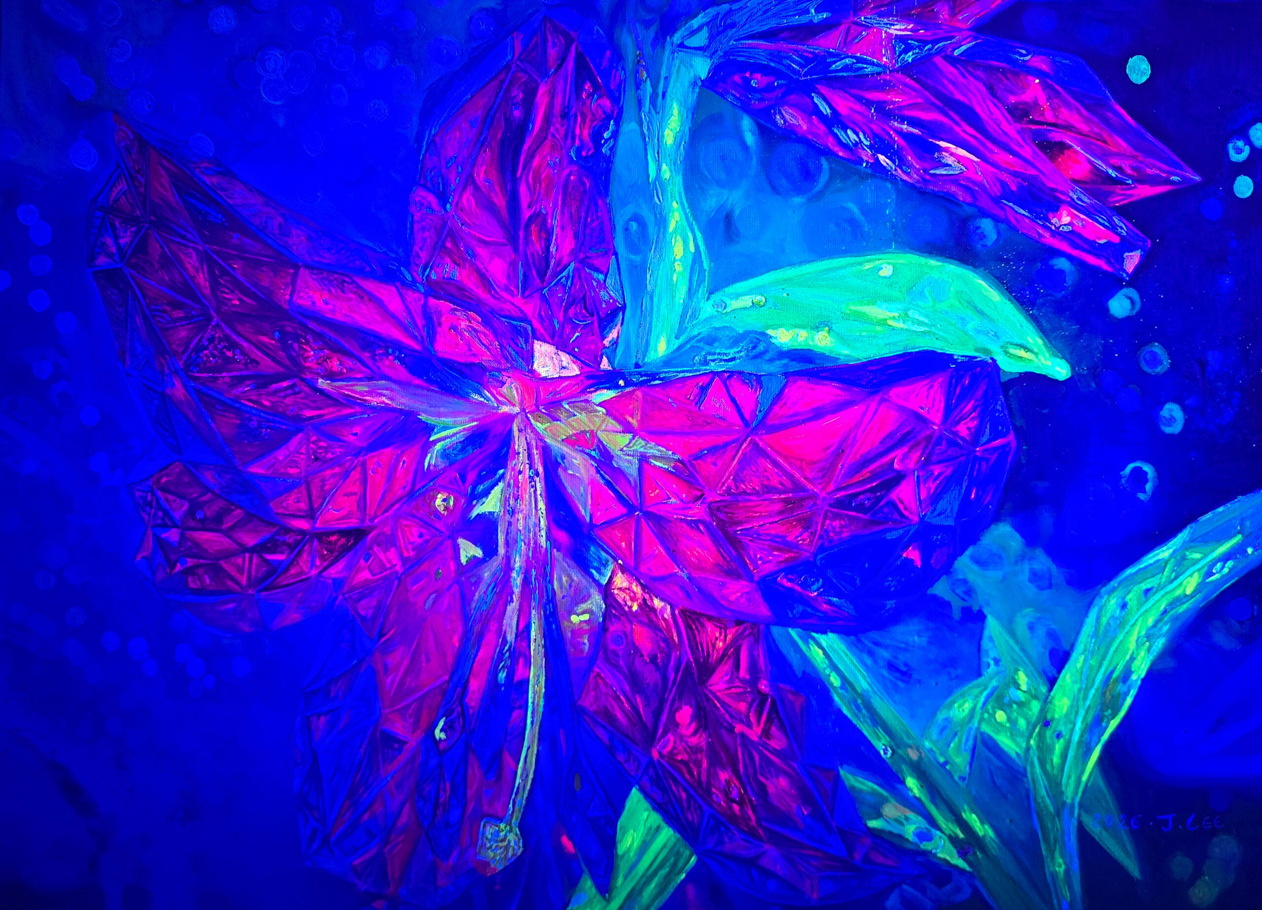 I See You Ⅵ_UV by Jennifer Lee, a UV-reactive painting revealing a hidden crystalline lily beneath ultraviolet light, exploring unseen reality and memory.