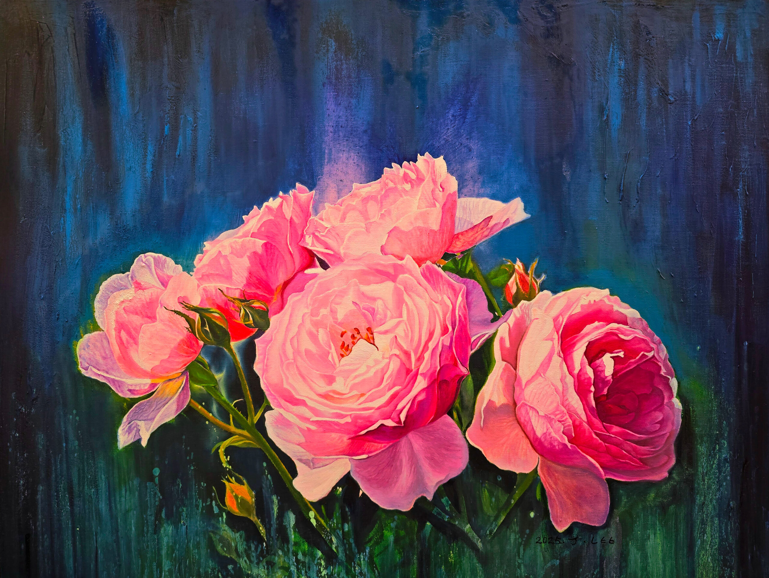 Nocturne on Canvas by Jennifer Lee, luminous pink roses emerging against a deep blue background, painted in oil to evoke light, stillness, and quiet contemplation.