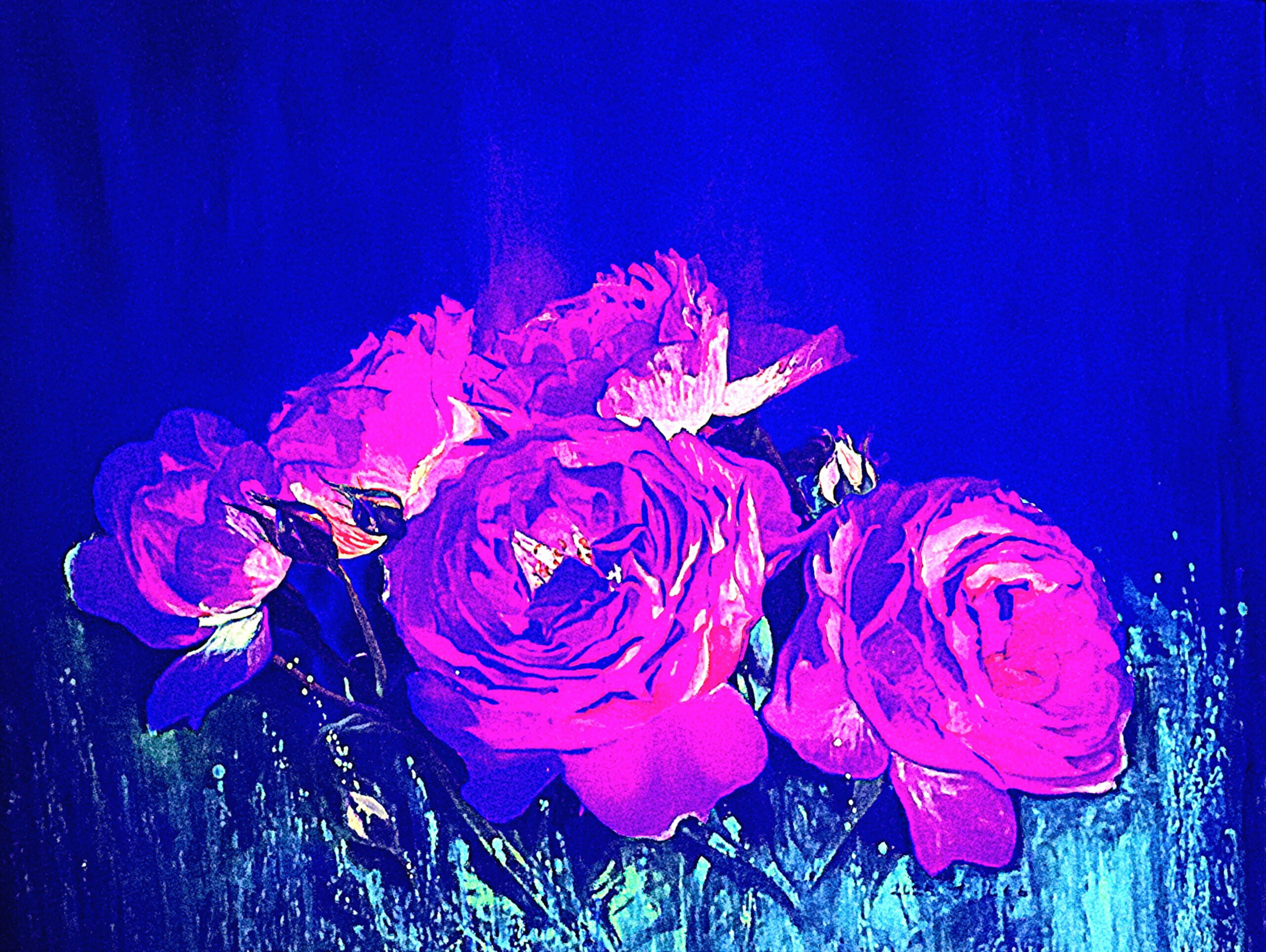 Nocturne on Canvas_UV by Jennifer Lee, a UV-reactive painting revealing hidden luminous forms beneath ultraviolet light, extending the nocturnal floral scene beyond visible perception.