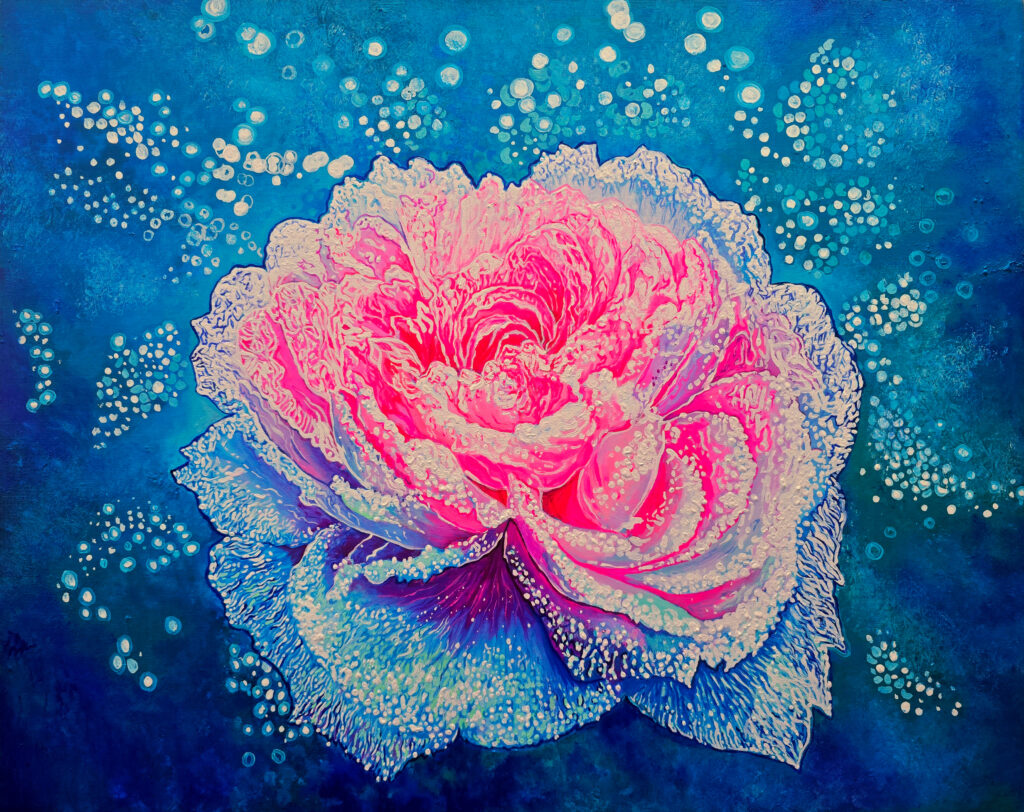 Where Longing Blooms Ⅱ by Jennifer Lee, a luminous pink flower painted in oil with layered textures, exploring light, memory, and the quiet transformation of longing.