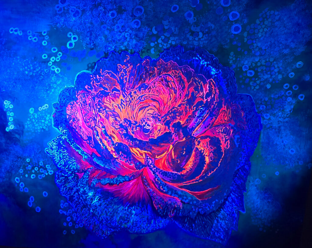 Where Longing Blooms Ⅱ_UV by Jennifer Lee, a UV-reactive painting revealing hidden luminous forms beneath ultraviolet light, transforming the flower into a second visual reality.