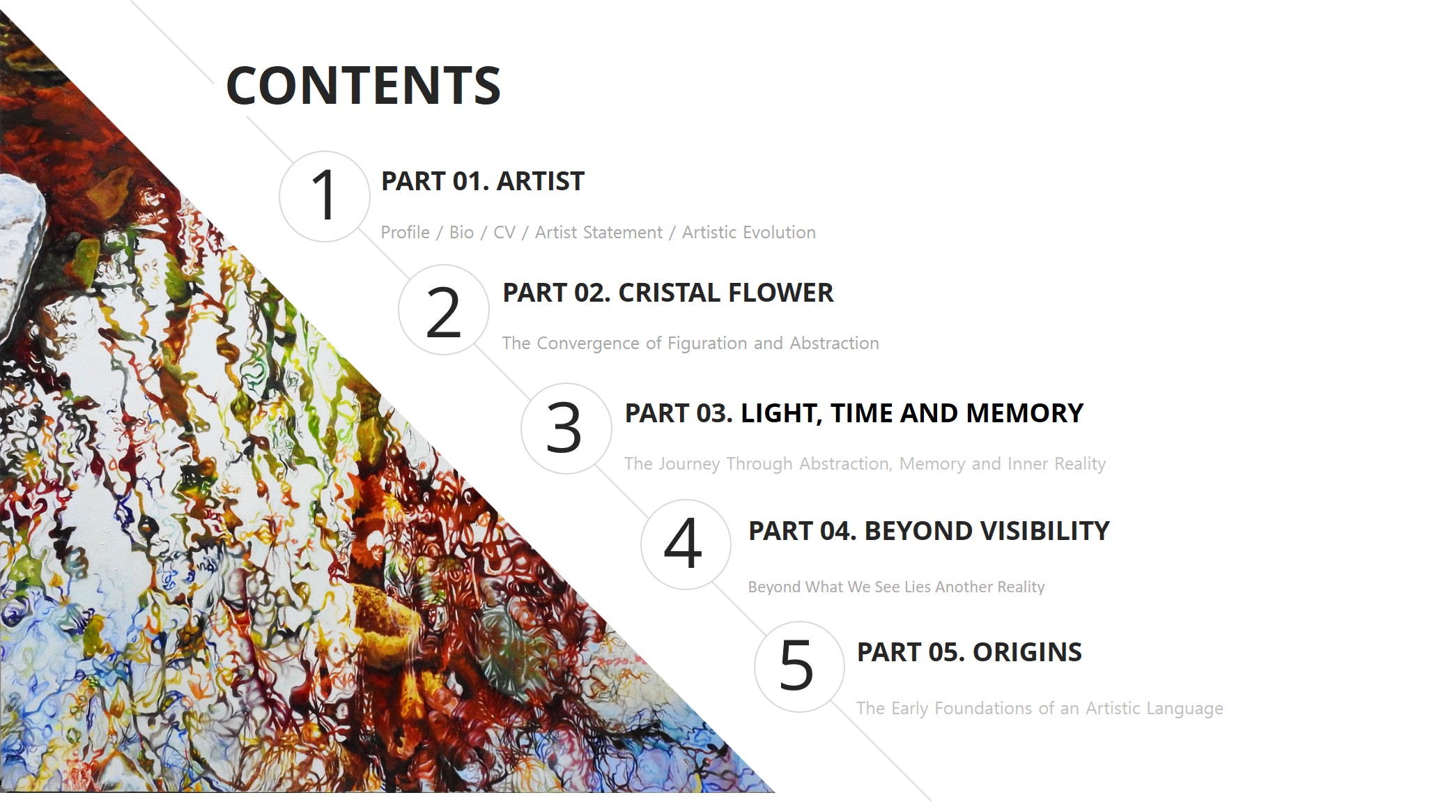 Jennifer Lee’s 2026 portfolio contents featuring the Artist, Crystal Flower, Light, Time and Memory, Beyond Visibility, and Origins sections.