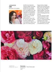 Catalog page featuring artist Jennifer Lee, including her biography and the painting Ranunculus in the Identity international group exhibition catalog.