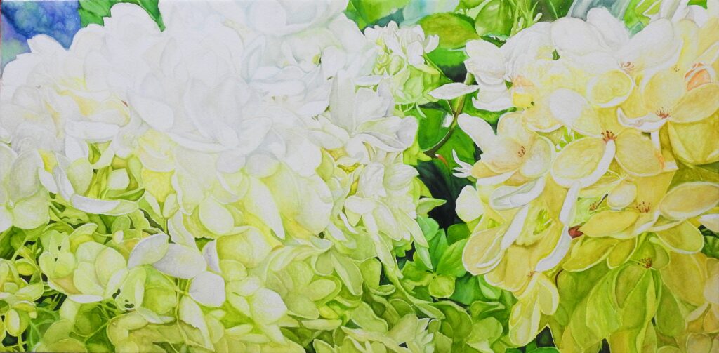 A Midsummer Afternoon Vibe I by Jennifer Lee, a 2020 watercolor painting of luminous white hydrangeas dissolving into the brilliant light of a summer afternoon.