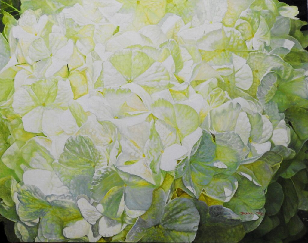 Another Gesture by Jennifer Lee, a 2017 painting of white hydrangeas reflecting on flowers, existence, and the traces we leave in another person’s memory.