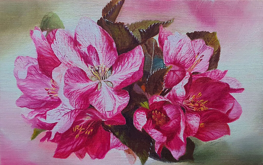 Apple Blossom II by Jennifer Lee, a 2021 painting of vivid pink apple blossoms exploring beauty, sacrifice, and the cycle of transformation in nature.