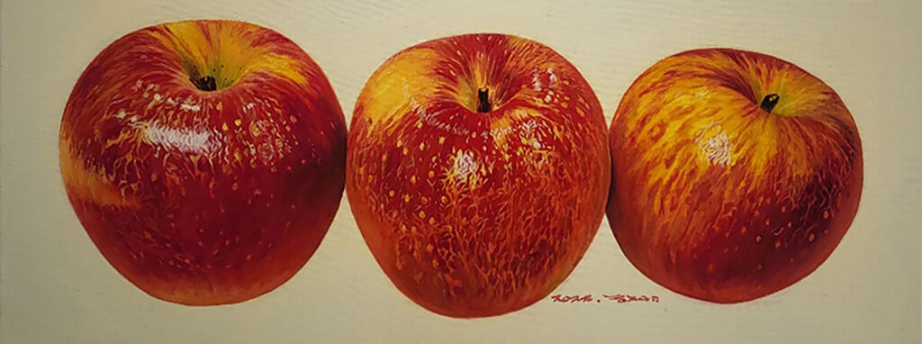 Apple II by Jennifer Lee, a 2022 still-life painting of three red apples exploring the visible traces left by the passage of time.