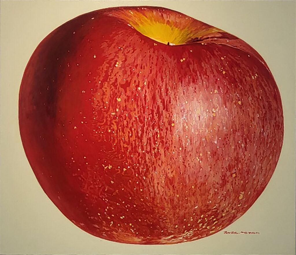 Apple I by Jennifer Lee, a 2022 still-life painting of a single red apple reflecting on inner pain, contemplation, and the restorative act of painting.