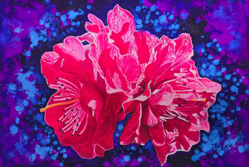 Azalea by Jennifer Lee, a vivid pink azalea emerging from an abstract field of deep blue, violet, and scattered luminous colors, exploring memory, disappearance, and return.