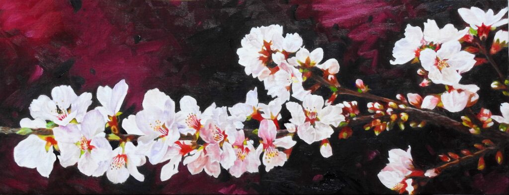 Nanking Cherry Blossom by Jennifer Lee, a 2020 painting of delicate white and pink cherry blossoms emerging against a deep crimson and dark background.