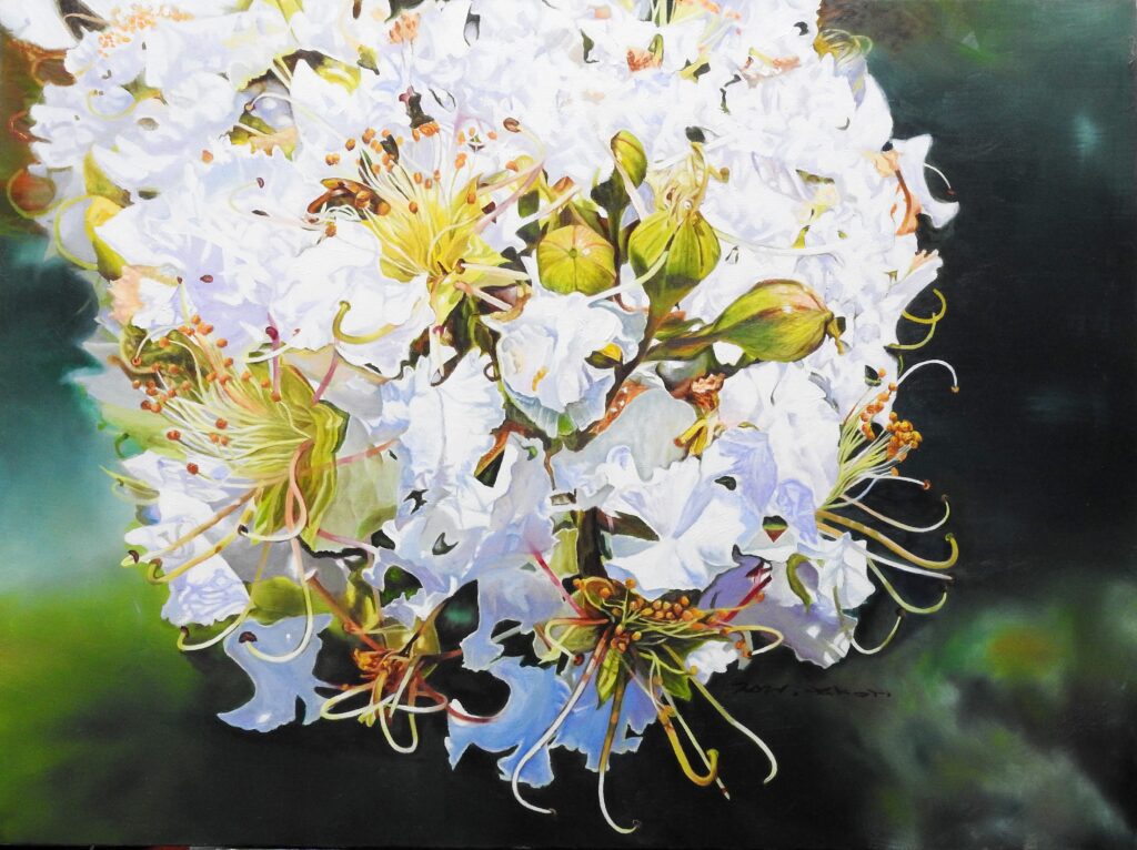 Crape Myrtle by Jennifer Lee, a painting of luminous white crape myrtle blossoms enduring the intense heat of summer.