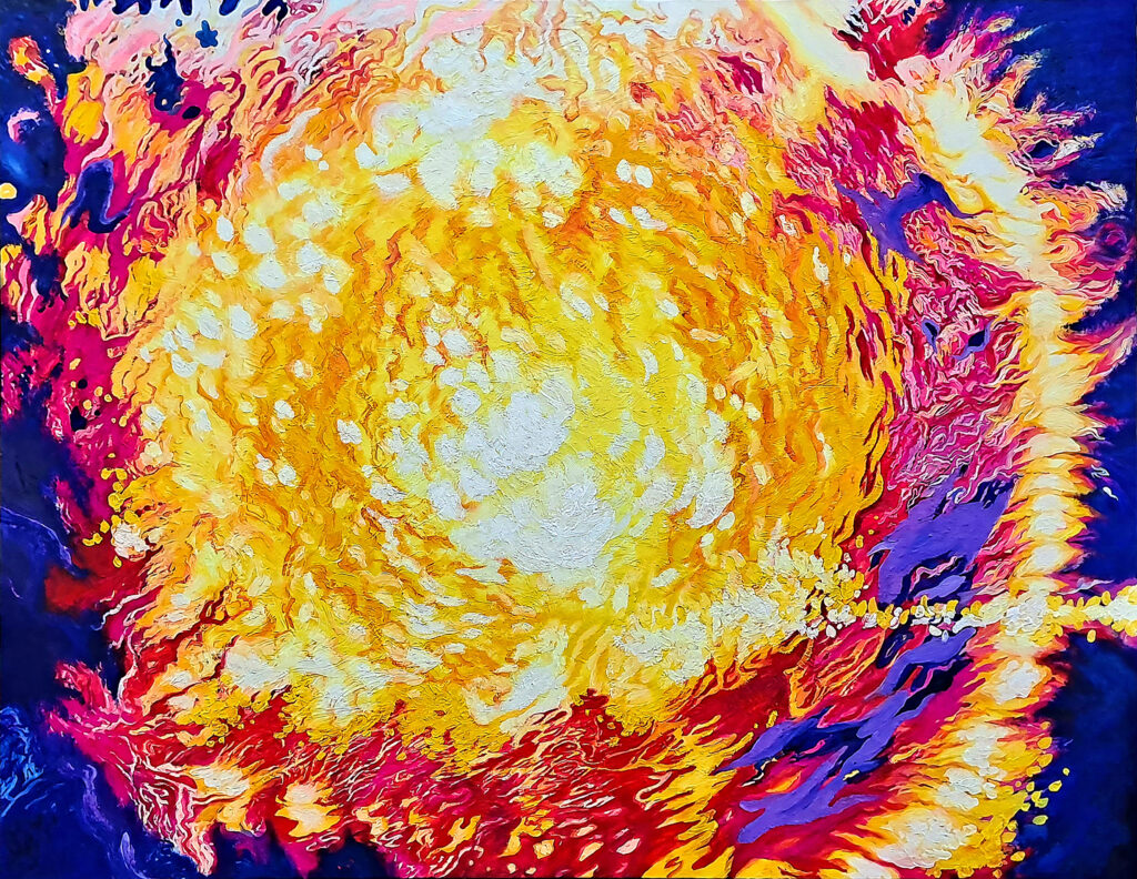 Eye of the Wise Crow by Jennifer Lee, oil painting with UV-reactive pigments under visible light