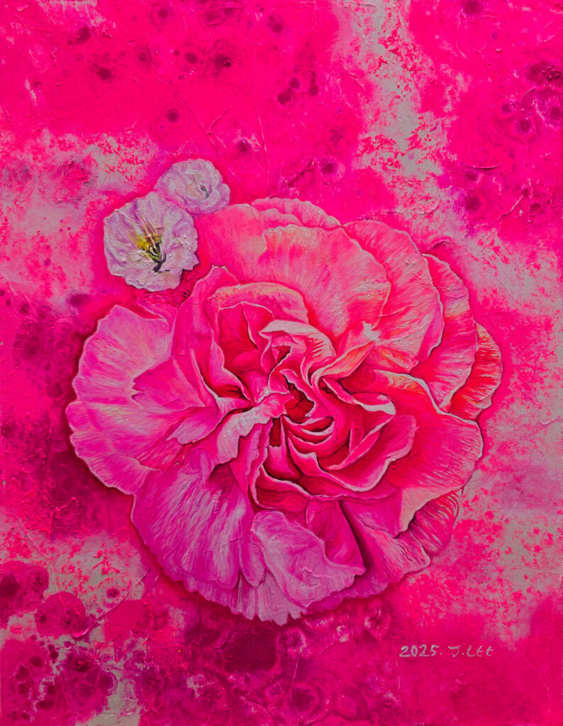 Flowers in a Dream by Jennifer Lee, depicting a luminous pink carnation and two small blossoms emerging from an abstract field of vivid pink, with a hidden transformation revealed under ultraviolet light.