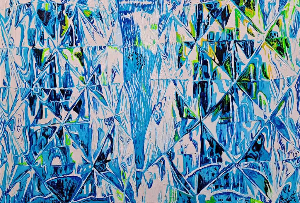 Frozen Time III by Jennifer Lee, an abstract oil and UV-reactive pigment painting composed of fragmented blue, white, green, and dark geometric forms exploring time, memory, and perception.