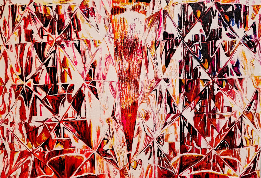 Frozen Time IV by Jennifer Lee, an abstract oil and UV-reactive pigment painting composed of fragmented red, black, orange, and white forms exploring memory and suspended time.