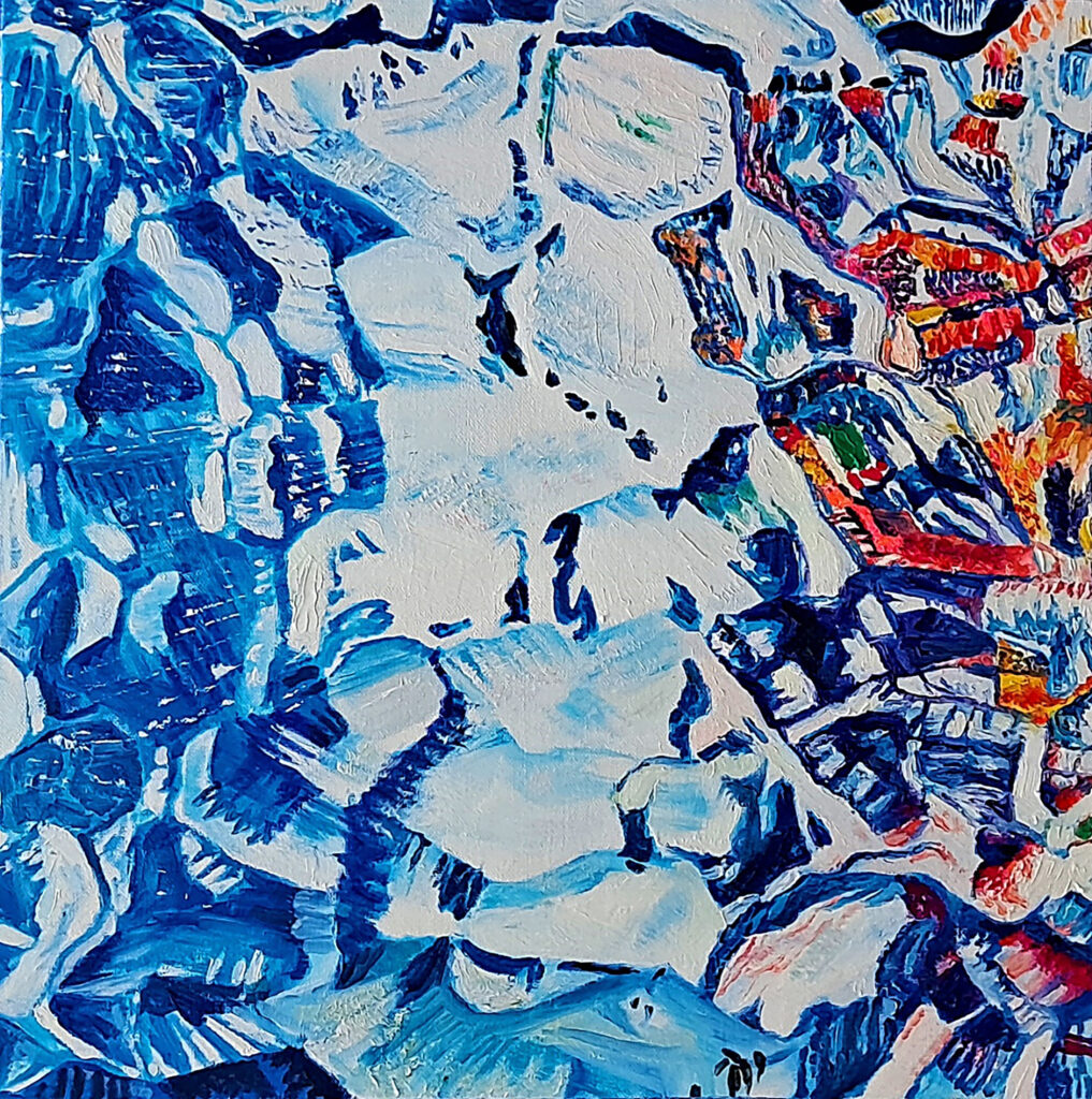 Frozen Time I by Jennifer Lee, an abstract oil and UV-reactive pigment painting composed of fragmented blue, white, and vivid colored forms exploring suspended time and memory.