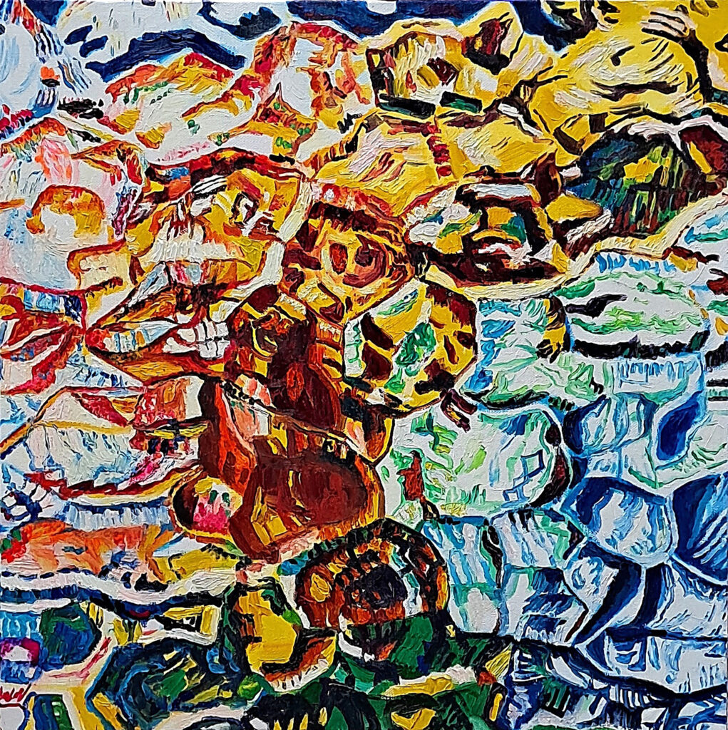 Frozen Time II by Jennifer Lee, an abstract oil and UV-reactive pigment painting filled with fragmented yellow, blue, green, red, and white forms exploring memory and perception.