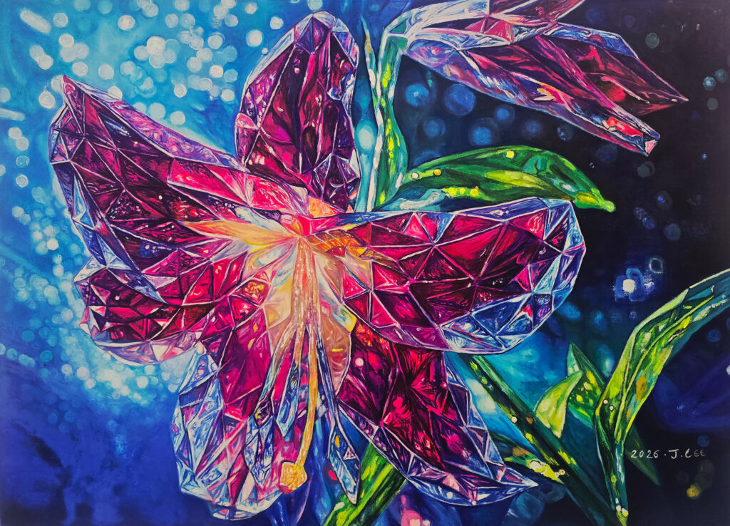 I See You Ⅵ by Jennifer Lee, a crystalline flower rendered in deep ruby, violet, blue, and luminous pink against an atmospheric blue background.