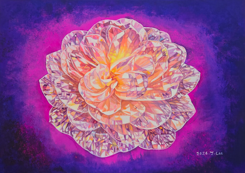 I See You Ⅶ by Jennifer Lee, a luminous crystal-like flower in soft pink, peach, violet, and golden tones glowing against a deep purple background.