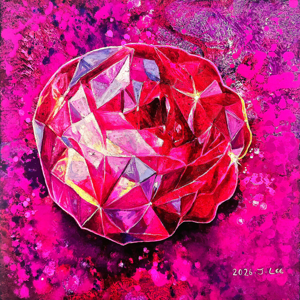 I See You Ⅷ by Jennifer Lee, a deep red rosebud transformed into a ruby-like crystalline form against an intense pink and magenta background.