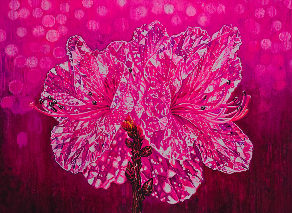 I See You V ver.2 by Jennifer Lee, a floral painting in vivid magenta and white whose crystalline forms explore perception beyond the visible spectrum.