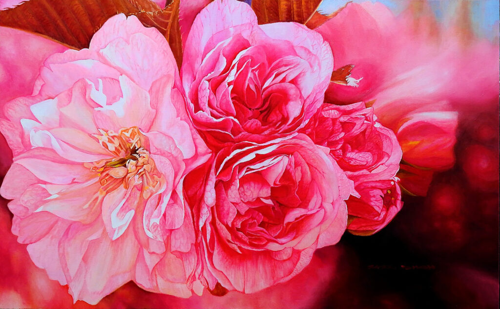 I See You I by Jennifer Lee, depicting luminous pink and red flowers with translucent petals and vivid red veins.