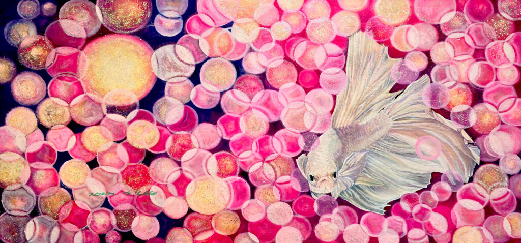 I See You II by Jennifer Lee, featuring a pale betta fish surrounded by luminous pink, gold, and violet cell-like forms.