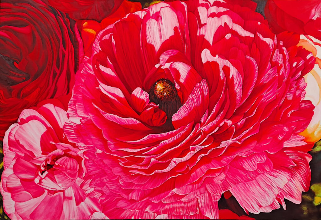 I See You III by Jennifer Lee, a large-scale oil and UV-reactive painting of a vivid red ranunculus, exploring perception, intimacy, and the hidden visual reality revealed through ultraviolet light.
