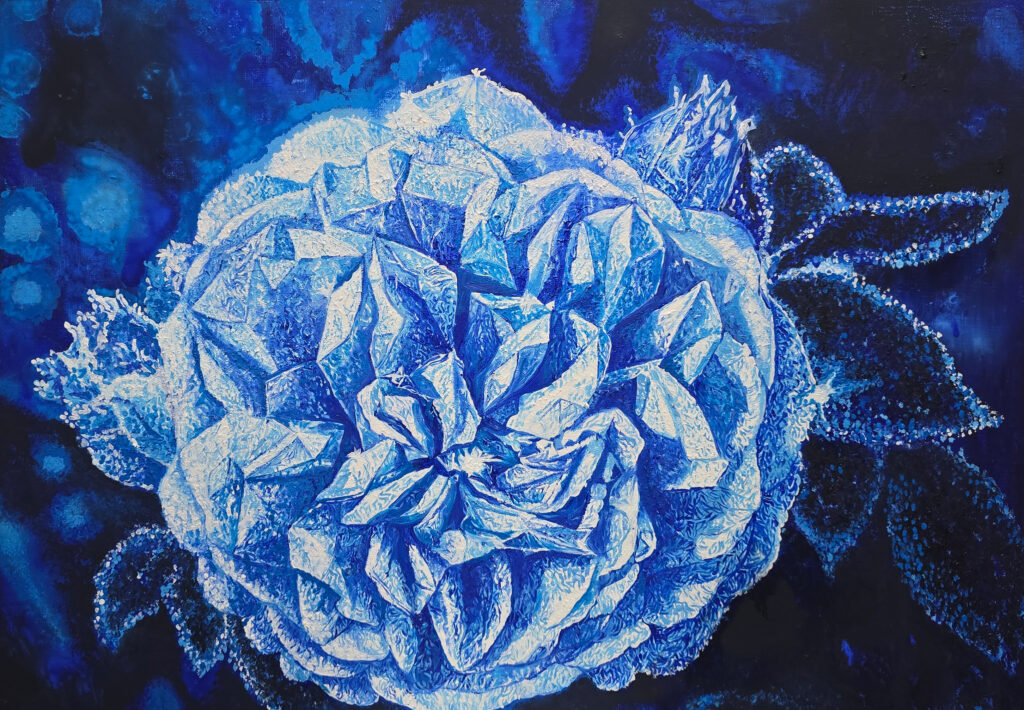 Into the Abyss by Jennifer Lee, a contemporary floral painting in deep blue and crystalline white exploring the unconscious, oblivion, and the weight of buried memory