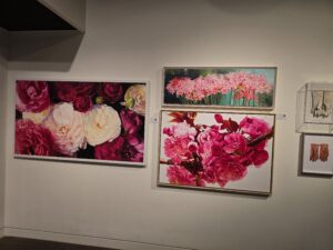 Three paintings by Jennifer Lee displayed at the Identity international group exhibition at Insa Art Center, Seoul, featuring floral compositions that explore light, memory, and perception.