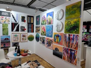 Gallery Michelle booth (B51) at Art Shopping Paris 2023, held at the Carrousel du Louvre in Paris, France. The booth features a diverse selection of contemporary artworks presented during the international art fair.