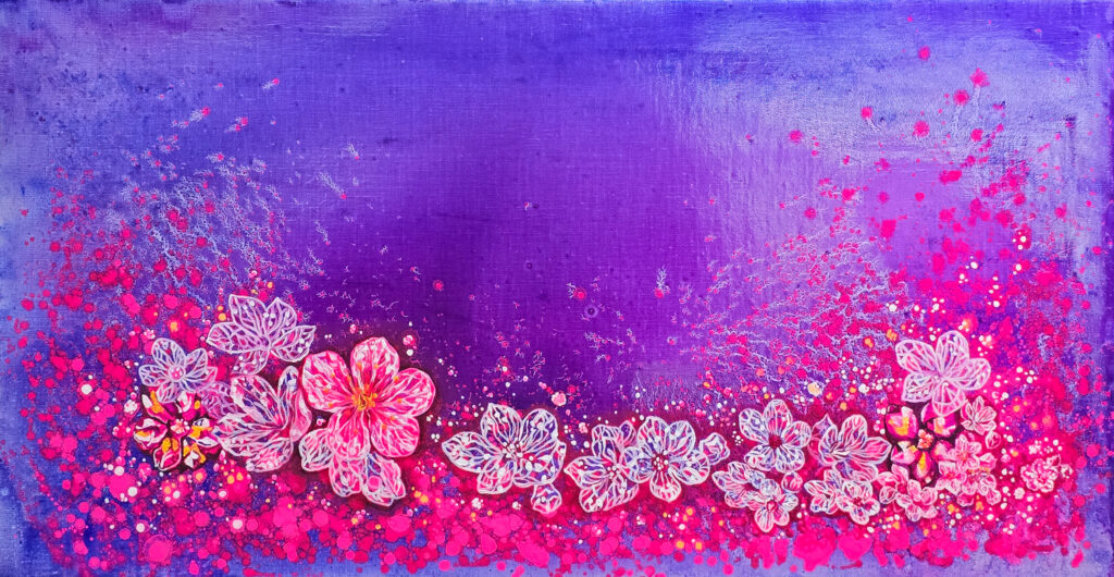 Like a Flame, You Bloom by Jennifer Lee, a panoramic floral painting with delicate pink and white blossoms emerging from vivid magenta light against a deep violet background.