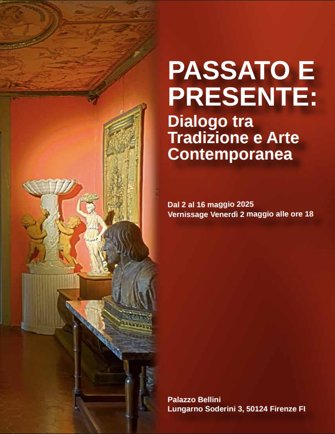 Catalogue page for Passato e Presente: Dialogo tra Tradizione e Arte Contemporanea, featuring the exhibition title, dates, venue at Palazzo Bellini (Museo Bellini), Florence, Italy, and a list of participating international artists including Jennifer Lee.