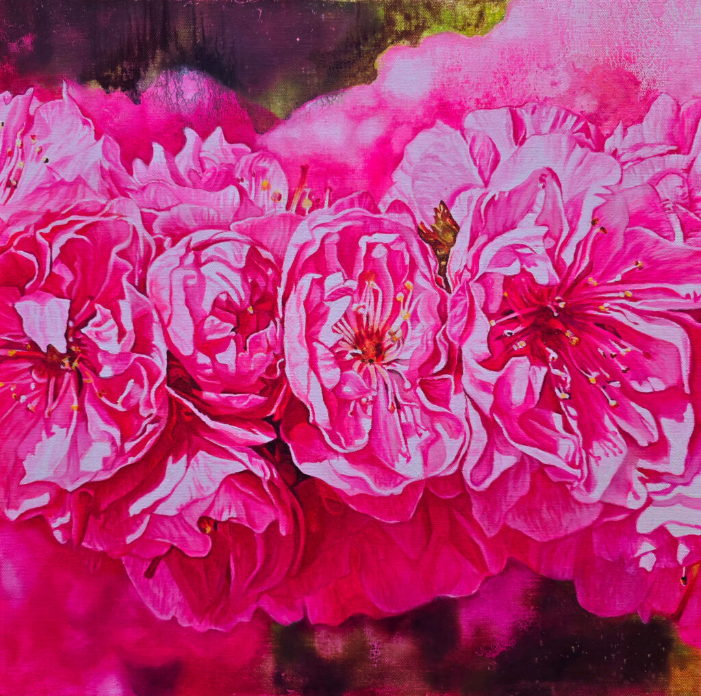 Revolution of Petals by Jennifer Lee, a painting of deep pink blossoms emerging in vivid layers, transforming under ultraviolet light into intense fluorescent pink and violet forms that symbolize resilience, freedom, and renewal.