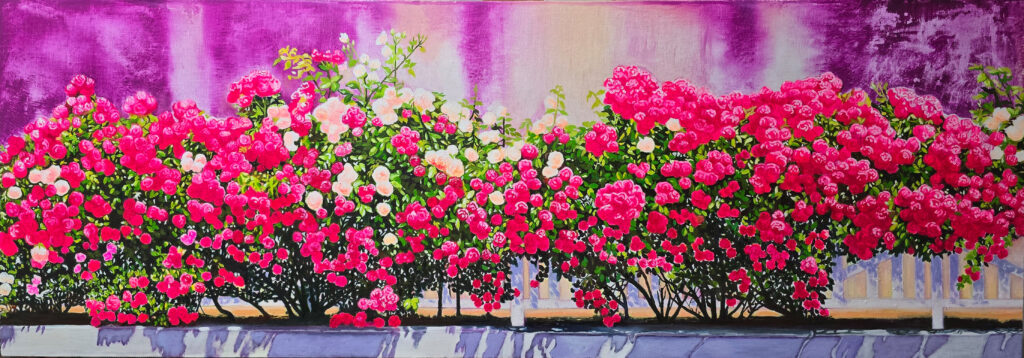 Roses on the Fence by Jennifer Lee, a panoramic painting of abundant red, pink, and white roses cascading across a fence, exploring hope, resilience, and the hidden beauty of everyday life.