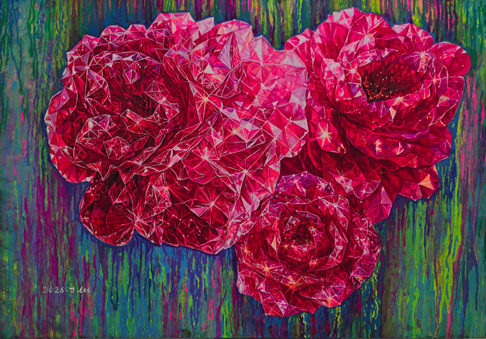 Ruby by Jennifer Lee, a Crystal Flower painting of red roses transformed into faceted ruby-like forms, exploring time, memory, and the traces left by existence.