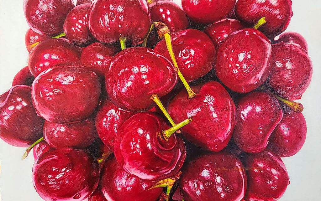 Sweaty Cherries by Jennifer Lee, depicting a dense cluster of deep red cherries covered with glistening droplets of water.