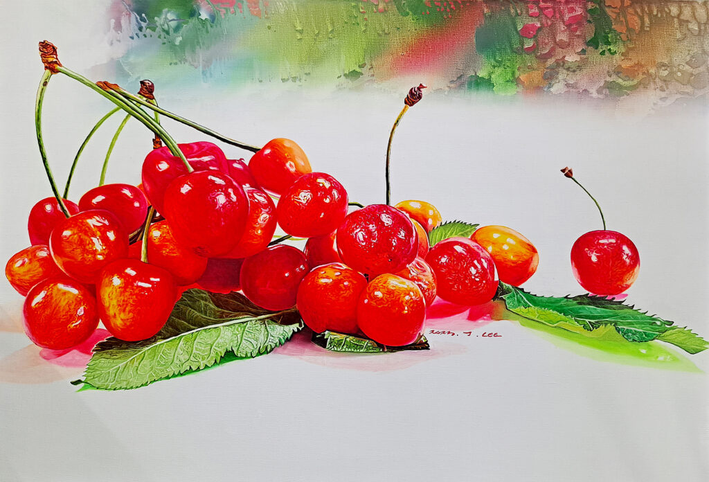 Sweet Memories in Cherries by Jennifer Lee, an oil painting of luminous red cherries and green leaves evoking memories of spring, youth, and love.