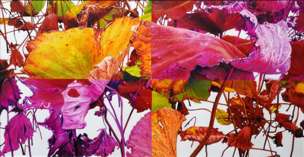 Temptation of Lotus Leaves by Jennifer Lee, depicting weathered lotus leaves in vivid yellow, red, pink, and violet tones arranged across a fragmented composition.