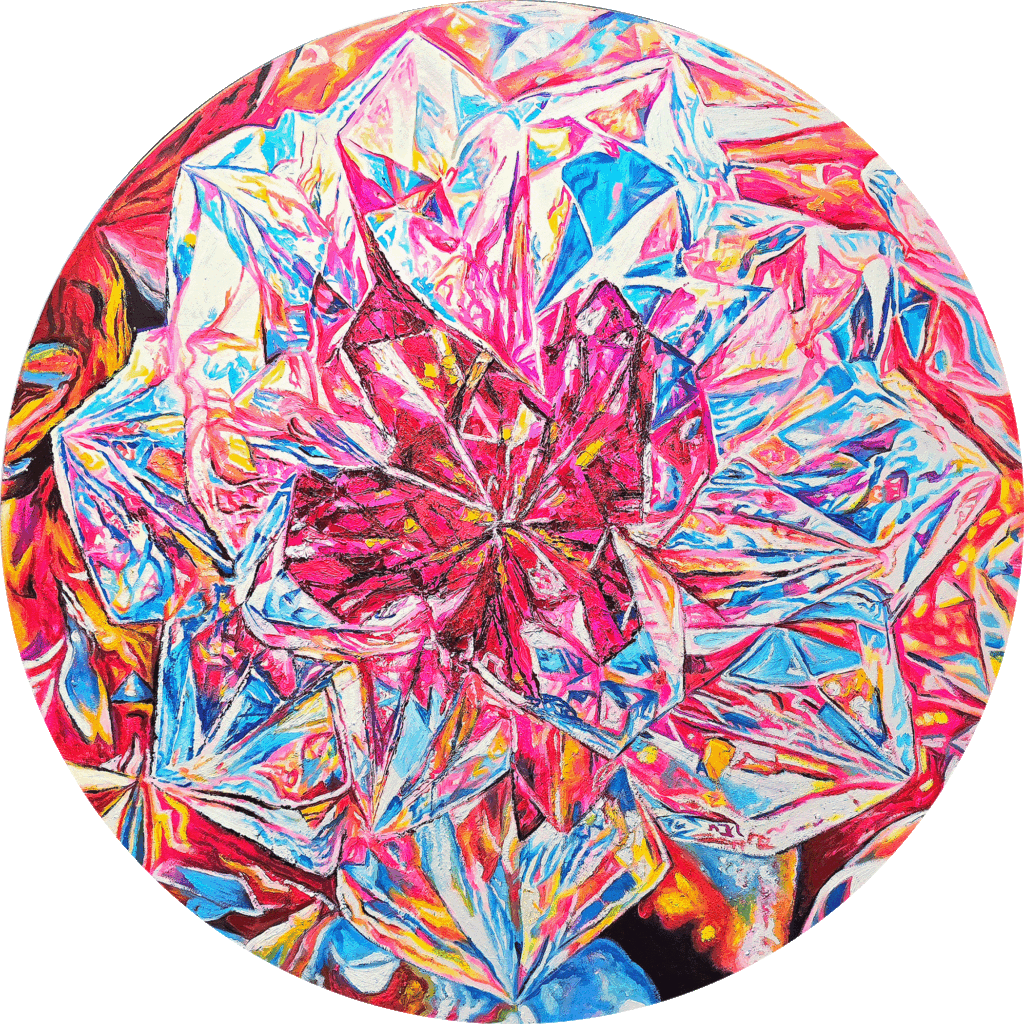 The Memory of Blossoming by Jennifer Lee, a circular painting transforming layered floral traces into crystalline forms through vivid pink, blue, white, and luminous colors.
