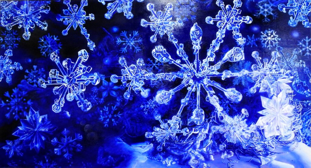 The Coldness Seeps into the Snowflakes by Jennifer Lee, featuring intricate blue and white snowflake forms against a deep blue background