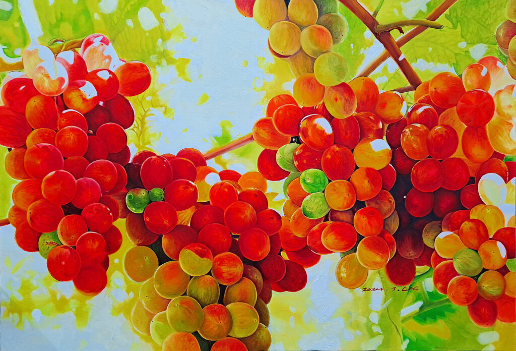 Under the Late Summer Sunshine by Jennifer Lee, an oil and UV-reactive pigment painting of abundant red and golden grapes ripening in brilliant summer light.