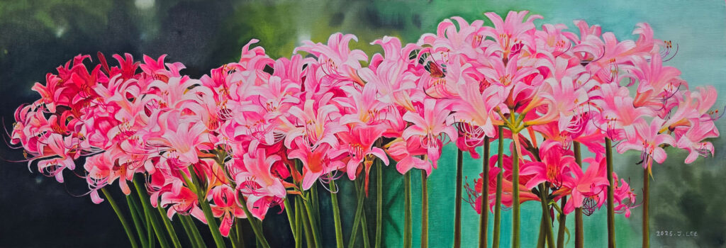 When Longing Blooms by Jennifer Lee, a panoramic painting of luminous pink spider lilies expressing longing, separation, and the beauty of unreachable love.