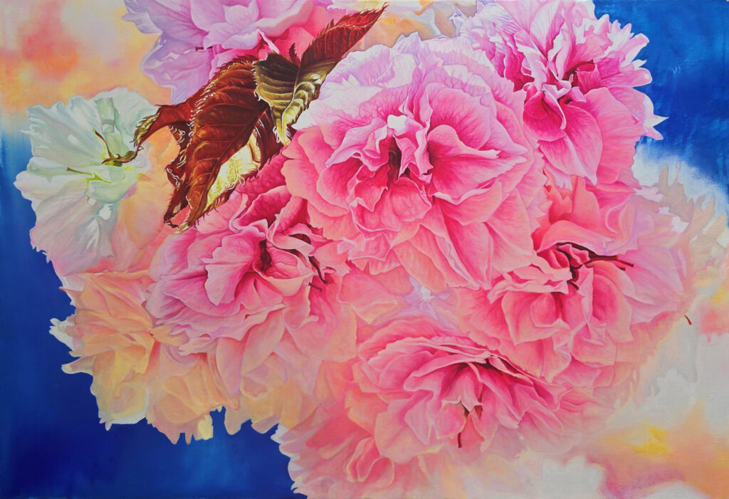 When Spring Comes by Jennifer Lee, an oil and UV-reactive painting of abundant pink double cherry blossoms emerging against luminous blue and warm-toned light, symbolizing resilience, freedom, and renewal.