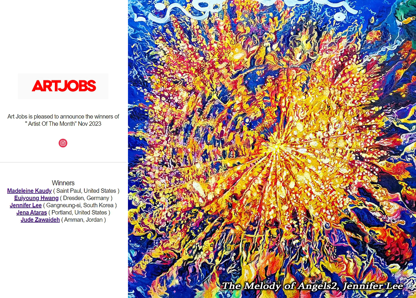 Jennifer Lee selected as an ArtJobs Artist of the Month winner for November 2023 with The Melody of Angels II