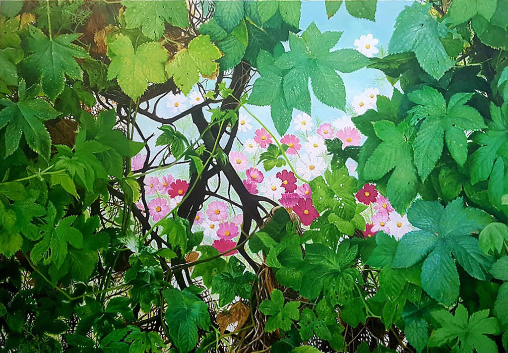 Wound and Memory by Jennifer Lee, a painting of dense thorny vines and green leaves transformed by imagined pink and white flowers.