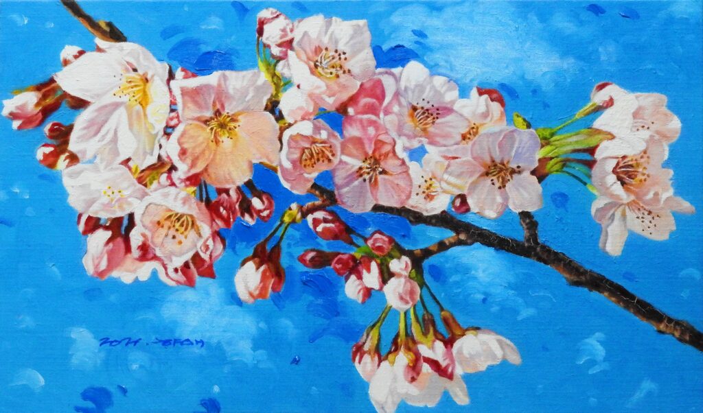 Cherry Blossom III by Jennifer Lee, a 2021 oil painting of pale pink cherry blossoms against a vivid blue spring sky.